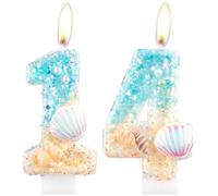 Mermaid Birthday Candles, Shell Sequins Candles for Cake, Girls 14th Birthday Decorations, Blue Ocean Birthday Candles, Conch Number 14 Candles Cake Toppers for Girls Boys Birthday Party Decorations