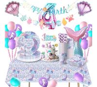 Mermaid Birthday Decoration 4 Years, Mermaid Party Tableware Set, Mermaid Children's Birthday Decoration 4 Years, Birthday Party Tableware with Balloons for Mermaid Decoration for 16 Guests