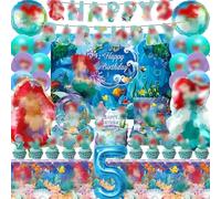 Mermaid Birthday Decoration 5 Years, 81 Pieces Mermaid Party Tableware Set, Boys Girls Children Birthday Decorations Set with Balloons Tablecloths Cups Banner Cake Topper