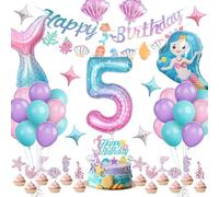 Mermaid Birthday Decoration 5 Years, Mermaid Theme Birthday Party Accessories with Happy Birthday Banner Set, Cake Toppers and Balloons for Birthday Decoration Girls 5 Years