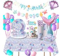Mermaid Birthday Decoration, Mermaid Party Tableware Set, Mermaid Children's Birthday Decoration, Birthday Party Tableware with Balloons, Party Plates for Mermaid Decoration, Baby Shower 16 Guests