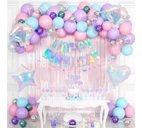 Mermaid Birthday Decorations for Girls Women, Iridescent Birthday Party Decorations, Happy Birthdays Banner, Pastel Balloons, Fringe Curtains, Star Garland, Cake Toppers for Under the Sea Party Decor