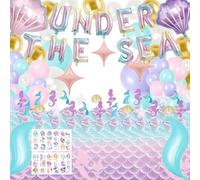 Mermaid Birthday Decorations - Little Mermaid Party Decorations, Onder the Sea Party Decorations for Girl Include Mermaid Tablecloth, Cupcake Toppers, Balloons, Temporary Tattoos (Under the Sea)