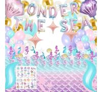 Mermaid Birthday Decorations - Little Mermaid Party Decorations, Onder the Sea Party Decorations for Girl Include Mermaid Tablecloth, Cupcake Toppers, Balloons, Temporary Tattoos (Onder the Sea)