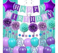 Mermaid Birthday Decorations Purple Teal Blue Birthday Balloons Banner Dots Garland Purple Turquoise Fringe Curtain Pompom Swirls for Girl Women Baby Shower Party Decoration