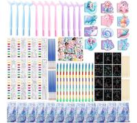 Mermaid Birthday Party Gifts Stationery Supplies Set with Pens, Notebooks, Water Coloring Cards, Crayons, Scratch Paper, Stickers for 12 Guests Goodie Bags Fillers Party Favors Return Rewards