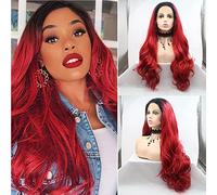 Mermaid Black Ombre Red Synthetic Lace Front Wigs for Women 180% Density Long Wavy 1B Black Red Synthetic Fiber Hair Drag Queen Wigs for Women Cosplay Party Travel Holidays Glueless