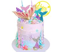 Mermaid Cake Topper Big Mermaid Tails Seaweed Starfishes Shells and Palm Leaves Cake Set for Mermaid Under the sea Cake Decor