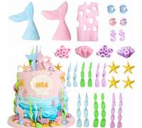 Mermaid Cake Toppers, Qoadwem 29pcs Mermaid Cake Topper For Girls With Tails, Coral, Shell,Seahorse, Seaweed, Starfish For Under The Sea Theme Birthday Party Cake Decorations