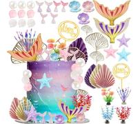 Mermaid Cake Toppers - Under the Sea Tail Cake Decorations with Artificial Water Plants & Pearl Balls for Girl Kid Birthday Party & Baby Shower Supplies