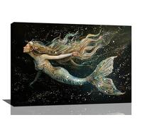 Mermaid Canvas Wall Art Golden Mermaid Pictures Wall Decor Ocean Print Painting Artwork Modern Home Decoration for Living Room Bathroom Bedroom Framed 16x24 inch