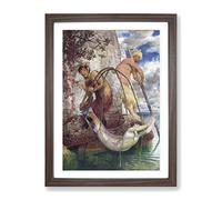 Mermaid Caught In The Net By Arnold Bocklin Classic Painting Framed Print | A2 Walnut Framed Wall Art | Ready to Hang | Classic Historical Picture | Living Room Bedroom Lounge Office
