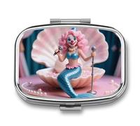 Mermaid Clown Pill Case 2-Compartment Pill Organizer with Mirror- Portable Medicine Container for Purse & Travel, Small Medicine Box for Vitamins, Fish Oil, Supplements