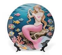 Mermaid Coral Comb Bone China Decorative Plate with Display Stand, 7inch Porcelain Wall Hanging Plate for Home Office Decor, Elegant Round Ceramic Plates for Home Decor & Gift Idea