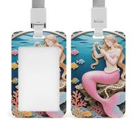 Mermaid Coral Comb ID Badge Holder with Vertical Card Badge Holder Waterproof Plastic Card Sleeve Badges Protector Case Name Tag ID Card Holder for Office Doctor Nurse Teachers
