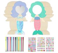 Mermaid Craft Wood, 14 Pieces DIY Wooden Mirror Craft with Handle, Wooden Craft Set for Children, Mermaid Birthday Decoration, Unfinished Wooden Mermaid Craft Set for Boys, Girls, DIY Painting