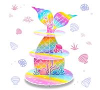 Mermaid Cupcake Stand, 3-Tier Cardboard Cupcake Stand Party Decorations Under the Sea Theme Cupcake Holder Decorations Mermaid Dessert Tower for Girls Kids Mermaid Theme Party Birthday Supplies