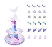 Mermaid Cupcake Stand and Toppers Set, Mermaid Cake Decorations, 3-Tier Cardboard Cupcake Stand, Decorations for Kids Girls Birthday Party Afternoon Tea Baby Shower, Under the Sea Theme