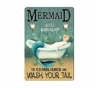 Mermaid Decor Vintage Funny Mermaid Bathroom Decor Vintage Metal Tin Sign - Wash Your Tail - Cafe Office Home Toilet Signs Room Bedroom Wall Decor 8X12Inch