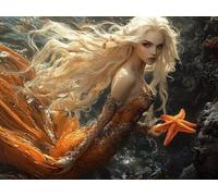 Mermaid Diamond Art, Large Diamond Painting Starfish Dimond Painting Crystal Art Kits Adult Crafts DIY Cross Stitch Crafts Pictures Embroidery Kit for Beginner, Home Wall Decor 16x12 Inch -lsy2501064