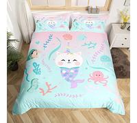 Mermaid Duvet Cover Set King Size, Seahorse Octopus Jellyfish Comforter Cover with 2 Pillowcases, Marine Life Bedding Set 3pcs for Kids Boys Girls Bedroom Decor, Coral Seaweed Bedspread Cover