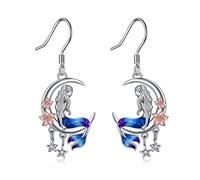 Mermaid Earrings Sterling Silver Sea Mermaid Crescent Moon and Star Dangle Earrings with Flower Birthday Ocean Themed Earrings Jewellery Gifts for Girls Daughter Women