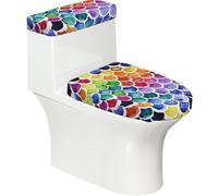 Mermaid Fish Scale Print 2 Pcs Toilet Lid Cover and Toilet Tank Lid Cover Set, Soft Stretchable Bathroom Covers, Fits Round and Elongated Toilet Seats, Washable and Decorative