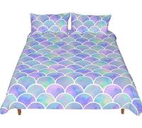 Mermaid Fish Scales Comforter Cover Double Size Lovely Women Bedding Set Geometric Decorative 3 Pieces Purple Green Duvet Cover Set Luxury Bedspread Cover with 2 Pillowcase Microfiber Zipper