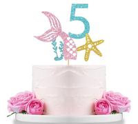 Mermaid Five Cake Topper Girl's 5th Birthday Cake Topper Ocean World Under the Sea Octopus Mermaid Five Birthday 5th Anniversary Party Decoration Supplies Glitter