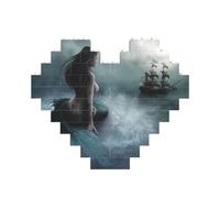 Mermaid Girl And Sailing on Sea Pirate Ship Printed Jigsaw Puzzle 10.8x12.8 CM, Heart-Shaped Puzzle Challenging Game for Adults, Fun Decorative Wall Decor