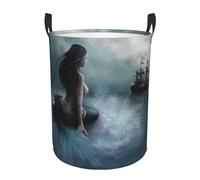 Mermaid Girl And Sailing On Sea Pirate Ship Printing Personalized Circular Dirty Clothes Hamper â€“ Standable Design, Works In Bathroom & Closet