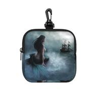 Mermaid Girl and Sailing On Sea Pirate Ship Square Zipper Pouch with All-Over Print,Waterproof Rubber-Fabric, Lightweight Durable Small Organizer Bag for Coins, Cards, Keys