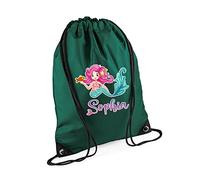Mermaid Girl Gift Bag Personalised Backpack Mermaid Bag Gift for Kids-Girl Toddlers Birthday Girl Drawstring Bag, PE Gym Kit Swimming, Sport Rucksack. (Bottle Green)