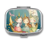 Mermaid Girl Moon Pill Case Box with 2 Compartment Medicine Vitamin Organizer for Purse Pocket 5.5x4cm