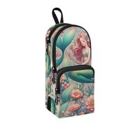 Mermaid Girls Among A Variety of Colorful Flowers Pencil Case, Big Capacity Pen Bag with Compartment Students Schoolbag Shape Stationery Organizer Pencil Pouch Marker Case for School Office Work
