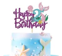 Mermaid Happy 2nd Brithday Cake Topper - Under The Sea Theme Girl Kid Two Birthday Cake Supplies/Ocean World 2nd Mermaid Birthday Party Decoration - Purple Glitter
