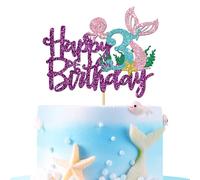 Mermaid Happy 3rd Brithday Cake Topper - Under The Sea Theme Girl Kid Three Birthday Cake Supplies/Ocean World 3rd Mermaid Birthday Party Decoration - Purple Glitter