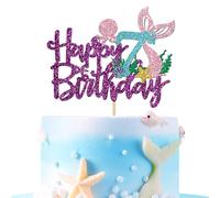 Mermaid Happy 7th Brithday Cake Topper - Under The Sea Theme Girl Kid Seven Birthday Cake Supplies/Ocean World 7th Mermaid Birthday Party Decoration - Purple Glitter