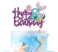 Mermaid Happy 8th Brithday Cake Topper - Under The Sea Theme Girl Kid Eight Birthday Cake Supplies/Ocean World 8th Mermaid Birthday Party Decoration - Purple Glitter