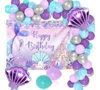 Mermaid Happy Birthday Banner Balloons Mermaid Birthday Decoration Girls Shells Beach Party Decorations Supplies Under the Sea Party Decorations