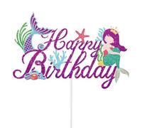 Mermaid Happy Birthday Cake Topper, Glitter Under The Sea Ocean Theme Cake Decorations with Seashells Coral Tail for Baby Shower Gender Reveal Birthday Party Celebration Supplies