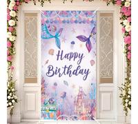 Mermaid Happy Birthday Door Cover Banner Dreamy Fish Tail Castle Glitter Decoration Backdrop Under The Sea Photography Background for Princess Girl Baby Shower Birthday Party Photo Banner