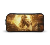 Mermaid in Gold Full Moon Portable Pencil Case Pouch Big Capacity Pen Bag for Office Stationery Organizer