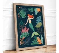Mermaid in Paradise Tropical Framed Wall Art Print A1 (84.1×59.4cm) Oak, Wall Decor for Living Room, Bedroom, Office & Home, Ready to Hang, Art Gift
