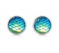 Mermaid Iridescent Blue Scale Stud Earrings, Silver Tone, 12mm Round Resin Cabochon, Ocean Inspired, Alloy Post with Silicone Backs