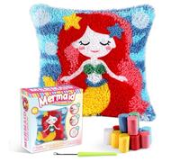 Mermaid Latch Hook Kit Under The Sea Theme Pillow DIY Craft Kit for Kids Adults Beginner Making Your Own Pillow Craft Printed Pillowcase Crochet Yarn Art Handmade Cushion Christmas Gift for Sofa Decor