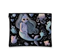 Mermaid Makeup Bag, Enchanting Ocean Designs Glitter Cosmetic Travel Pouch for Women, Portable Small Canvas Zipper Organizer, Ideal Gift for Holidays and Festivals, Black, 7x9 Inch, Mermaid