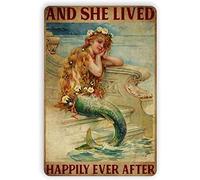Mermaid Metal Tin Sign and She Lived Happily Ever After Funny Poster Cafe Living Room Kitchen Bathroom Home Decor Plaque Outdoor Wall Decor Sign Gift 8x12 Inch