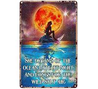Mermaid Metal Tin Sign,She Dreams Of The Ocean Late At Night And Longs For The Wild Salt Air Super Durable Bathroom Retro Plaque Posters Cave Bar Ornaments Kitchen Home Decoration 8X12 Inch