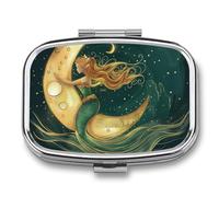 Mermaid Moon Boat Pill Case Box with 2 Compartment Medicine Vitamin Organizer for Purse Pocket 5.5x4cm